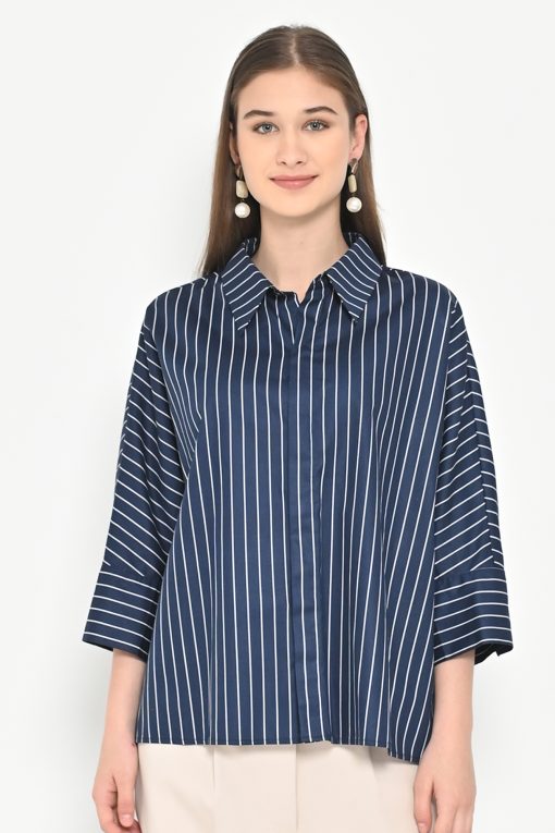 Neu'Mor Relaxed Fit Stripe Collared Top - 809A Dark Blue