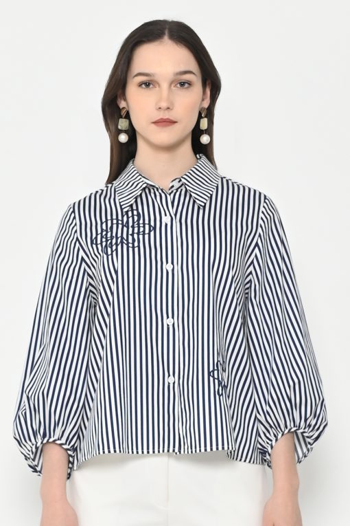 Neu'Mor Striped Floral Embroidered Shirt - A819 Dark Blue