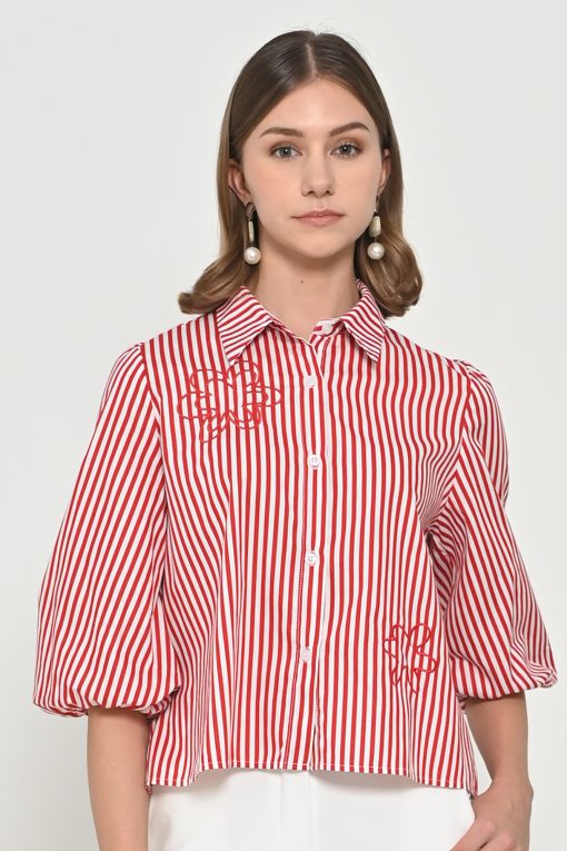 Neu'Mor Striped Floral Embroidered Shirt - A819 Red