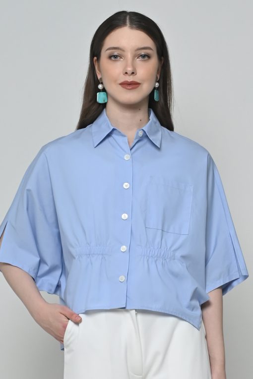 Neu'Mor Sheer Sleeve Gathered Waist Shirt - 853A Blue